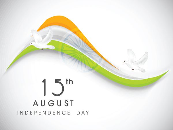 مفهوم خلاقانه روز استقلال هند با موج سه رنگ چرخ آشکا و کبوترهای در حال پرواز