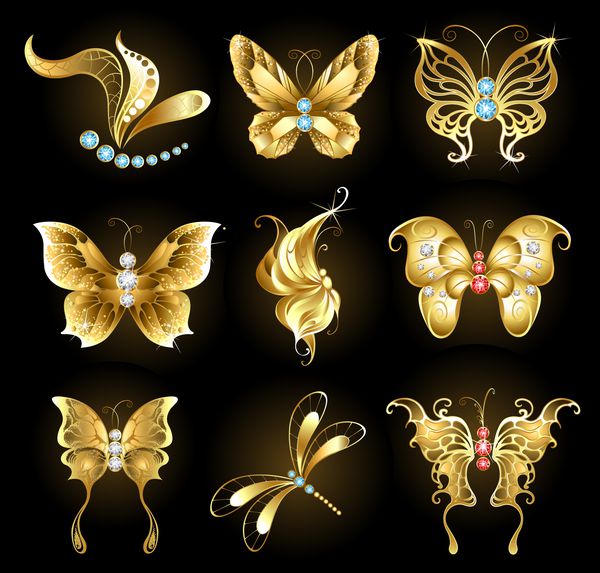 مجموعه ای از سنجاقک ها و پروانه های طلایی پوشیده شده با یاقوت کبود یاقوت و الماس در زمینه سیاه