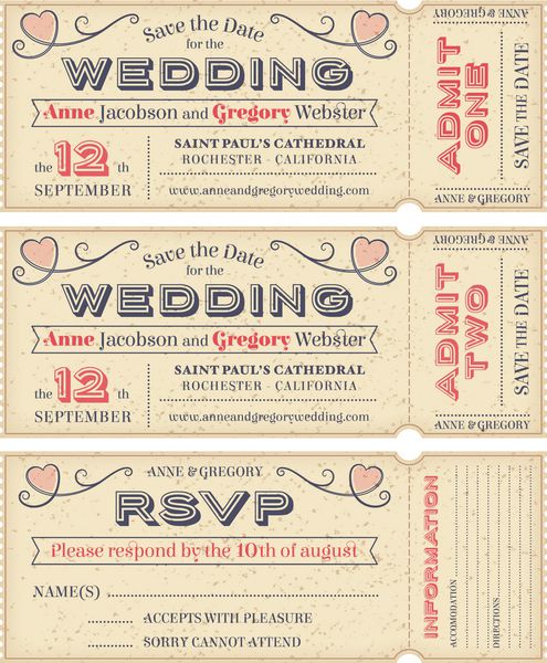سه بلیط با جزئیات وکتور گرانج برای دعوت عروسی و ذخیره تاریخ هر بلیط در 4 لایه مختلف با متن دکور افکت بافت و شکل پس زمینه جدا شده است