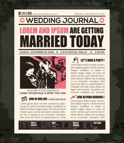 الگوی طرح وکتور دعوت عروسی به سبک روزنامه