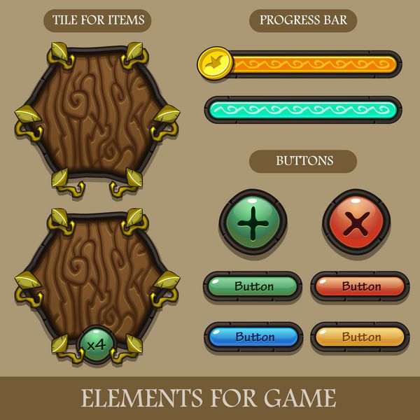 طراحی بازی رابط نوار منبع و دکمه برای بازی وکتور