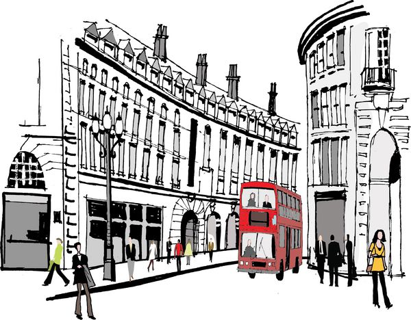 وکتور از ساختمان های پیکادلی لندن با اتوبوس قرمز