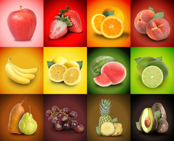 انواع موزاییک مربع میوه های رنگارنگ توت فرنگی موز انگور هلو هندوانه و غیره وجود دارد از آن برای یک مفهوم مواد غذایی یا دکوراسیون پس زمینه استفاده کنید