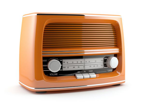 تصویر سه بعدی از رادیو رترو نارنجی جدا شده در زمینه سفید
