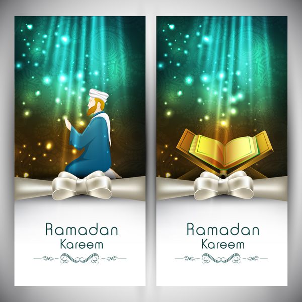 کارت پستال یا بنر براق با روبان قرمز برای ماه مبارک جامعه مسلمانان رمضان کریم