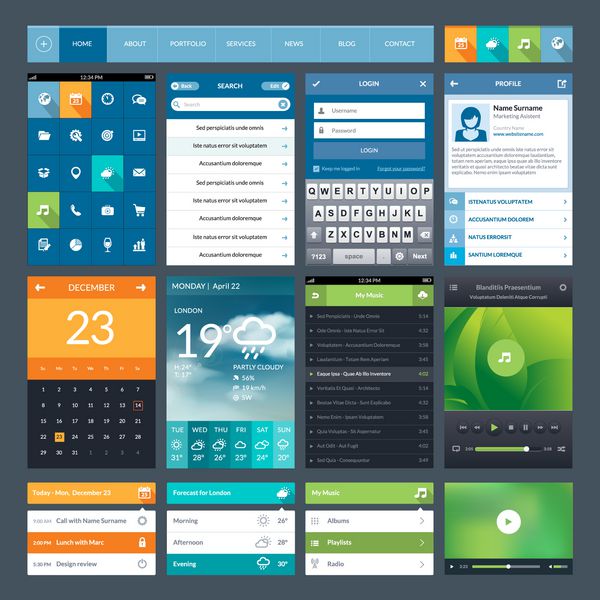 مجموعه ای از عناصر رابط کاربری طراحی مسطح برای اپلیکیشن موبایل و وب