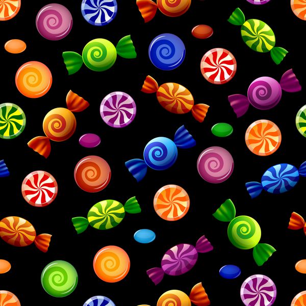 الگوی بدون درز آب نبات های رنگارنگ شیرینی در پس زمینه مشکی وکتور
