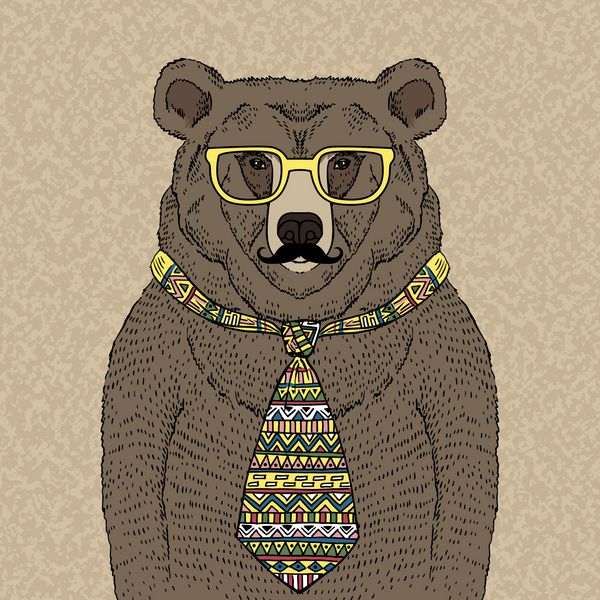 تصویر طراحی شده با دست از خرس هیپستر با کراوات و عینک با سبیل