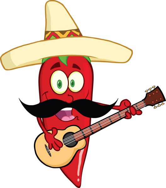 شخصیت کارتونی فلفل قرمز فلفل قرمز با کلاه و سبیل مکزیکی در حال نواختن گیتار