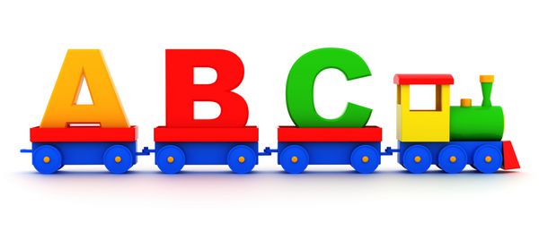 حروف abc در واگن های قطار اسباب بازی در زمینه سفید