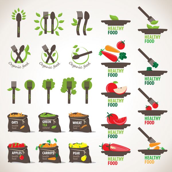 مجموعه آیکون های غذای ارگانیک سالم و گیاهی - جدا شده در پس زمینه خاکستری - وکتور طرح گرافیکی قابل ویرایش برای طرح شما