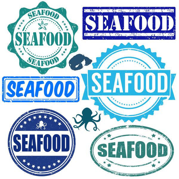 مجموعه تمبرهای لاستیکی گرانج که داخل آن کلمه غذاهای دریایی نوشته شده است وکتور