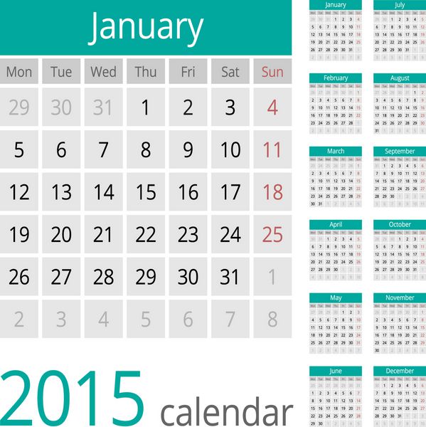 شبکه تقویم اروپایی ساده برای سال 2015 تمیز و مرتب فقط رنگ های ساده - رنگ آمیزی مجدد آسان است وکتور