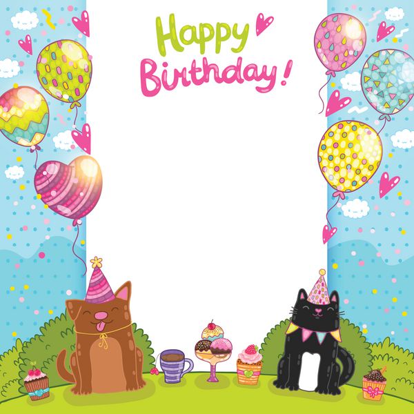 پس زمینه کارت تبریک تولد با گربه سگ و کیک کوچک