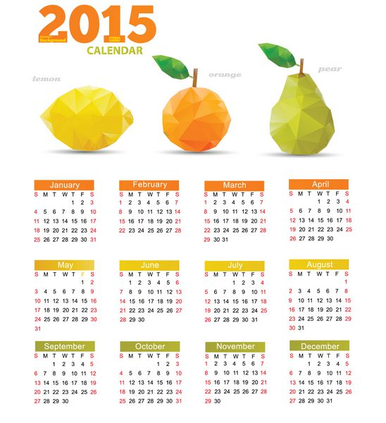 تقویم سال 2015 در پس زمینه سفید میوه ست چند ضلعی سبک اوریگامی هندسی انتزاعی وکتور
