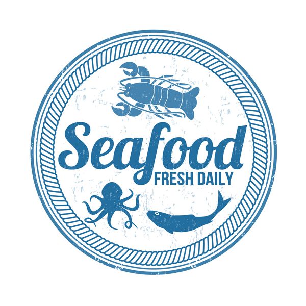 تمبر لاستیکی گرانج آبی با شکل ماهی اختاپوس خرچنگ و کلمه غذاهای دریایی که داخل آن نوشته شده است وکتور