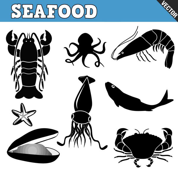 نمادهای غذاهای دریایی در پس زمینه سفید وکتور