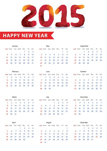 تقویم اروپایی جشن سال نو 2015 مبارک مثلث حروف چند ضلعی 2015 با سایه و روبان قرمز در پس زمینه سفید وکتور