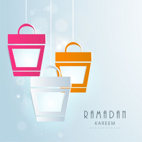 طرح کارت پستال زیبا با جعبه کادویی آویزان در زمینه آبی براق به مناسبت ماه مبارک رمضان کریم ماه مبارک جامعه مسلمانان