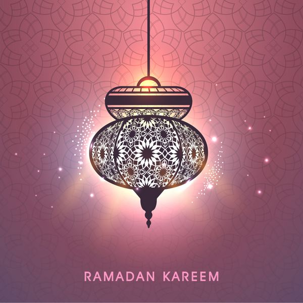 فانوس عربی نورانی تزئین شده با گل روی زمینه هلو براق طرح کارت تبریک ماه مبارک رمضان کریم ماه مبارک رمضان کریم