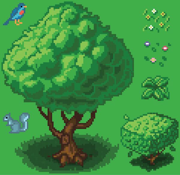 مجموعه آیکون وکتور از درخت درختچه سنجاب پرنده گیاه کوچک و گل‌هایی که در سبک پیکسل هنری بازی ویدیویی ایجاد شده‌اند برای ویرایش آسان به لایه ها جدا شده است