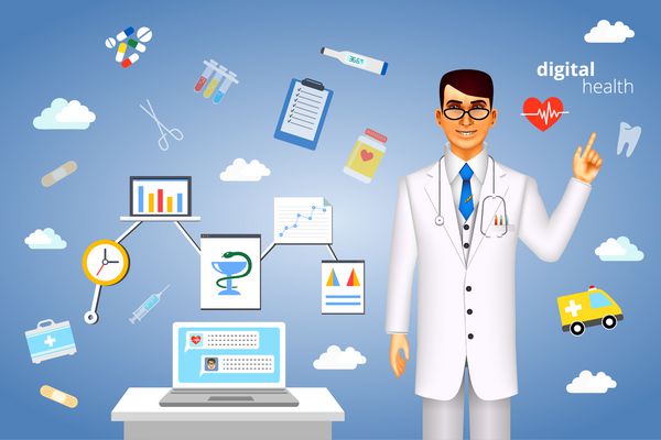 مفهوم سلامت دیجیتال با یک دکتر ایستاده در کنار یک رایانه لپ‌تاپ احاطه شده توسط نمادهای پزشکی مختلف که در میان ابرها پراکنده شده‌اند که یک پایگاه داده محاسبات ابری را نشان می‌دهد