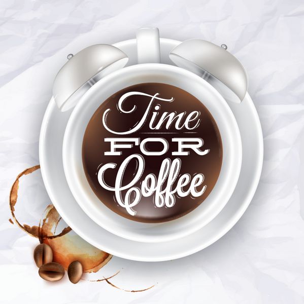 پوستر ساعت زنگ دار فنجان قهوه در کاغذ مچاله شده با حروف فنجان زمان برای قهوه نشان داده شده است بردار