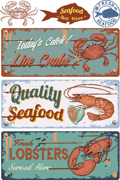 مجموعه ای از تابلوهای قدیمی برای غذاهای دریایی