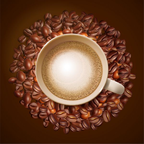 فنجان قهوه با دانه قهوه وکتور فنجان قهوه و وکتور دانه