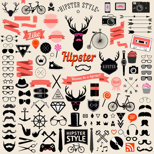مجموعه عظیمی از نمادهای هیپستر با طراحی قدیمی الگوهای وکتور علائم و نمادها برای طراحی شما بزرگترین مجموعه دوچرخه تلفن وسایل عینک آفتابی سبیل لنگر روبان و چیزهای دیگر