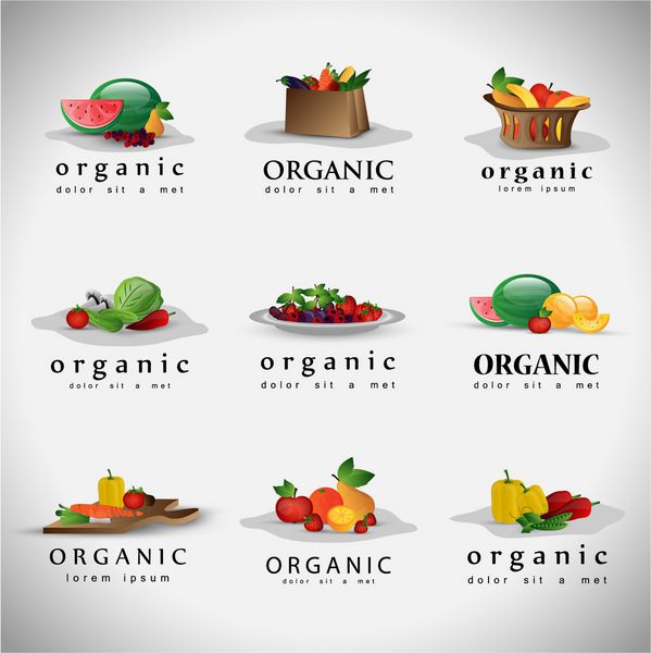 مجموعه میوه و سبزیجات - جدا شده روی پس زمینه خاکستری - وکتور طرح گرافیکی قابل ویرایش برای طرح شما