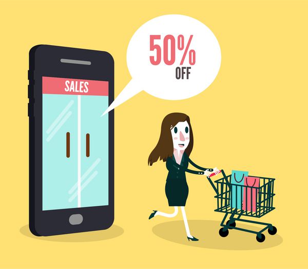 خرید آنلاین زنان با گوشی هوشمند مفهوم تجارت و تجارت الکترونیک وکتور