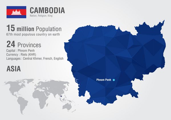 نقشه جهان کامبوج با بافت الماس پیکسلی جغرافیای جهانی