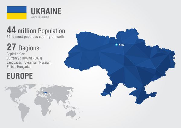 نقشه جهان اوکراین با بافت الماس پیکسلی جغرافیای جهانی