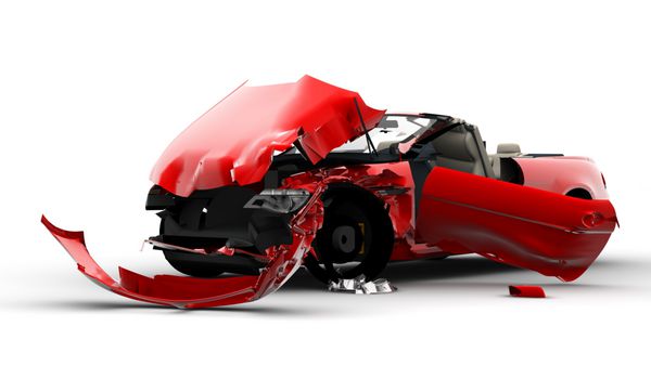 تصادف یک ماشین قرمز جدا شده در پس زمینه سفید