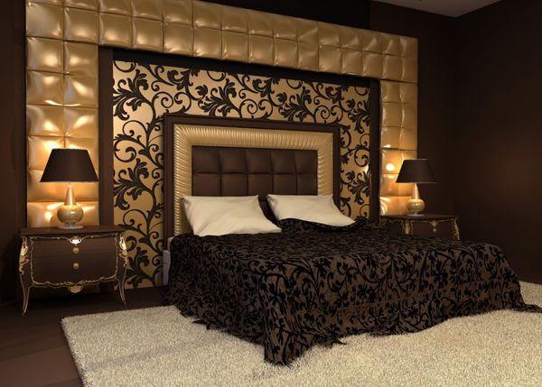 فضای داخلی رمانتیک تخت دو نفره در فضای داخلی مجلل طلایی آپارتمان هتل