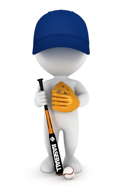 بازیکن بیسبال سه بعدی سفیدپوست با چوب دستکش و کلاه آبی