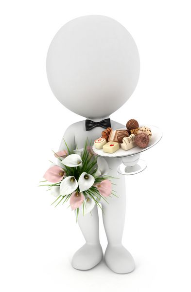 سفیدپوستان سه بعدی دعوت شده به عروسی با گل مخلوط شکلاتی روی بشقاب شیشه ای و با پاپیون پس زمینه سفید جدا شده تصویر سه بعدی