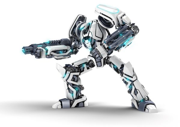 ربات سه بعدی سفید با سلاح در پس زمینه سفید