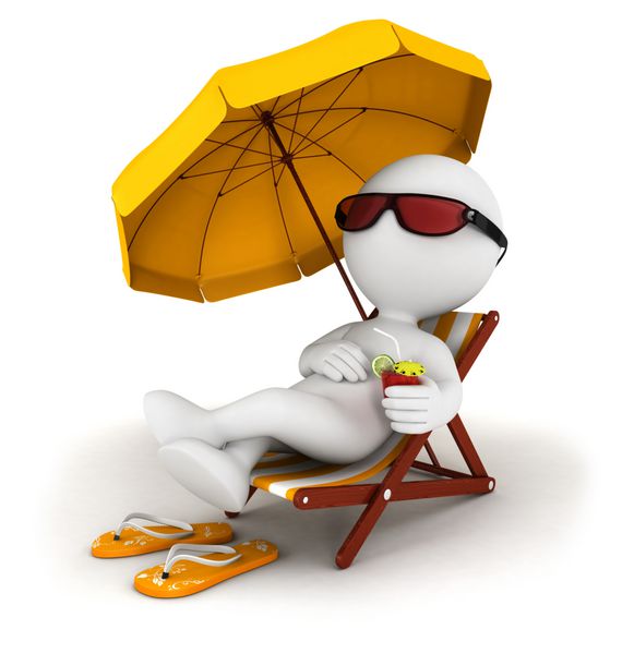 سفیدپوستان سه بعدی در تعطیلات دراز کشیده روی صندلی ساحل با کوکتل و چتر پس زمینه سفید جدا شده تصویر سه بعدی
