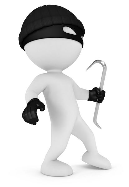 دزد نقابدار سه بعدی سفیدپوست با زاغ و دستکش سیاه پس زمینه سفید جدا شده تصویر سه بعدی