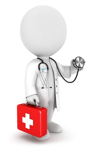 پزشک سه بعدی سفیدپوستان با گوشی پزشکی و کیت کمک های اولیه پس زمینه سفید جدا شده تصویر سه بعدی