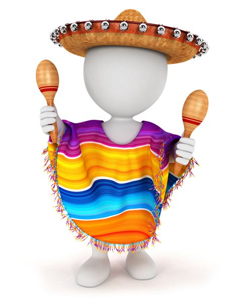 سفیدپوستان مکزیکی سه بعدی با سومبررو پانچو و ماراکا بازی پس زمینه سفید جدا شده تصویر سه بعدی