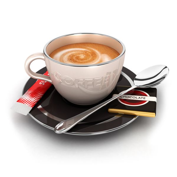 فنجان قهوه سه بعدی با قاشق کیسه قند و شکلات پس زمینه سفید جدا شده تصویر سه بعدی