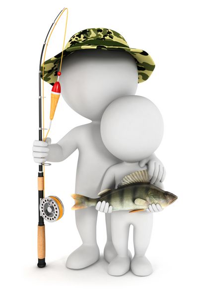 سفیدپوستان سه بعدی در حال ماهیگیری با پسرش و صید ماهی سوف پس زمینه سفید جدا شده تصویر سه بعدی