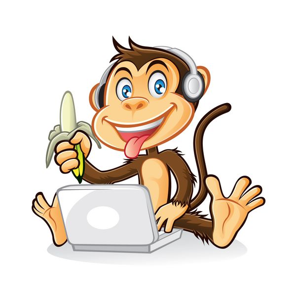 میمون کارتونی در حالی که موزی پوست کنده را در دست داشت با هدفون روی سرش لپ تاپ بازی می کرد