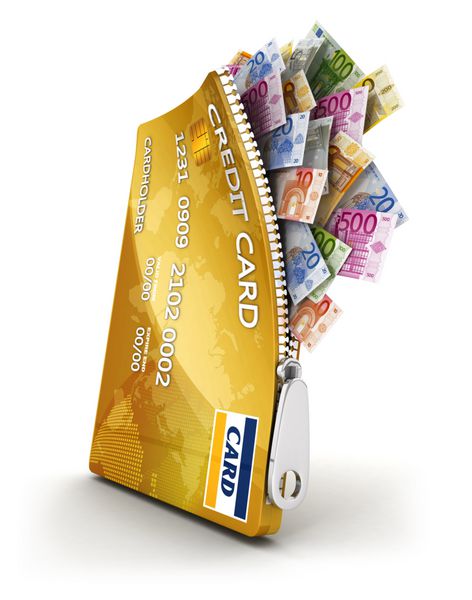 کارت اعتباری سه بعدی باز با تعداد زیادی اسکناس یورو پس زمینه سفید جدا شده تصویر سه بعدی