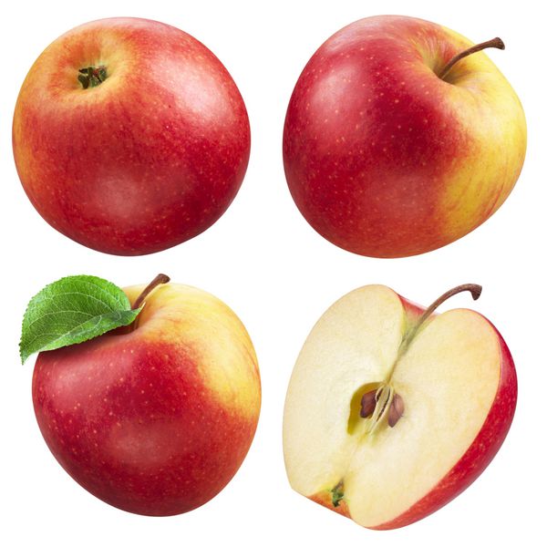 مجموعه سیب قرمز و زرد مجموعه ای از میوه و برگ جدا شده روی سفید