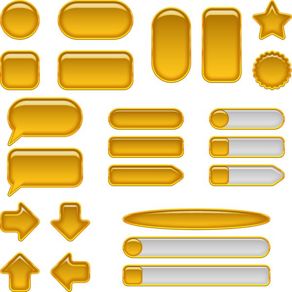 مجموعه ای از دکمه ها و لغزنده های طلایی شیشه ای آیکون های کامپیوتری با اشکال مختلف برای طراحی وب جدا شده در پس زمینه سفید وکتور حاوی شفافیت ها است