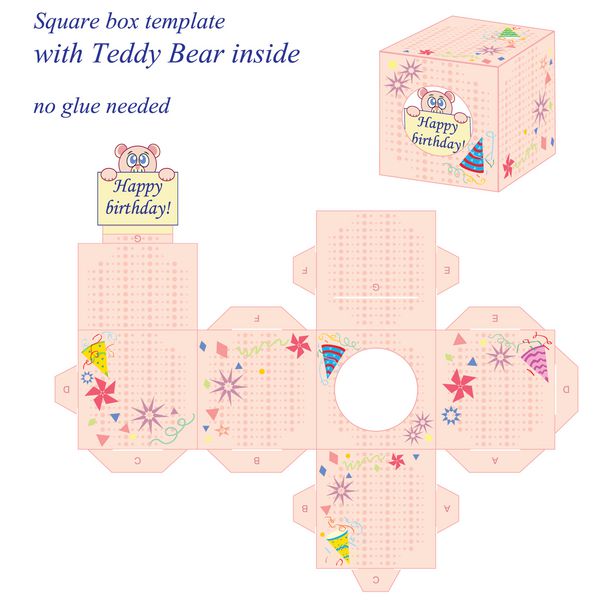 قالب جعبه مربعی جالب با خرس عروسکی زیبا در داخل یادداشت تولدت مبارک وکتور بدون نیاز به چسب